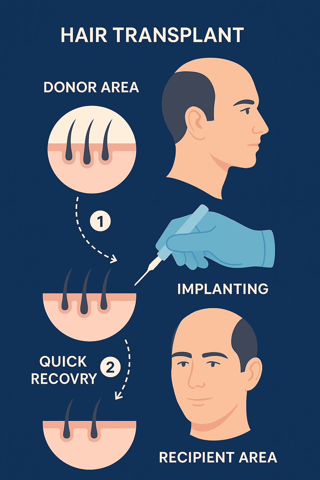 Hair transplant donor and recipient area illustration